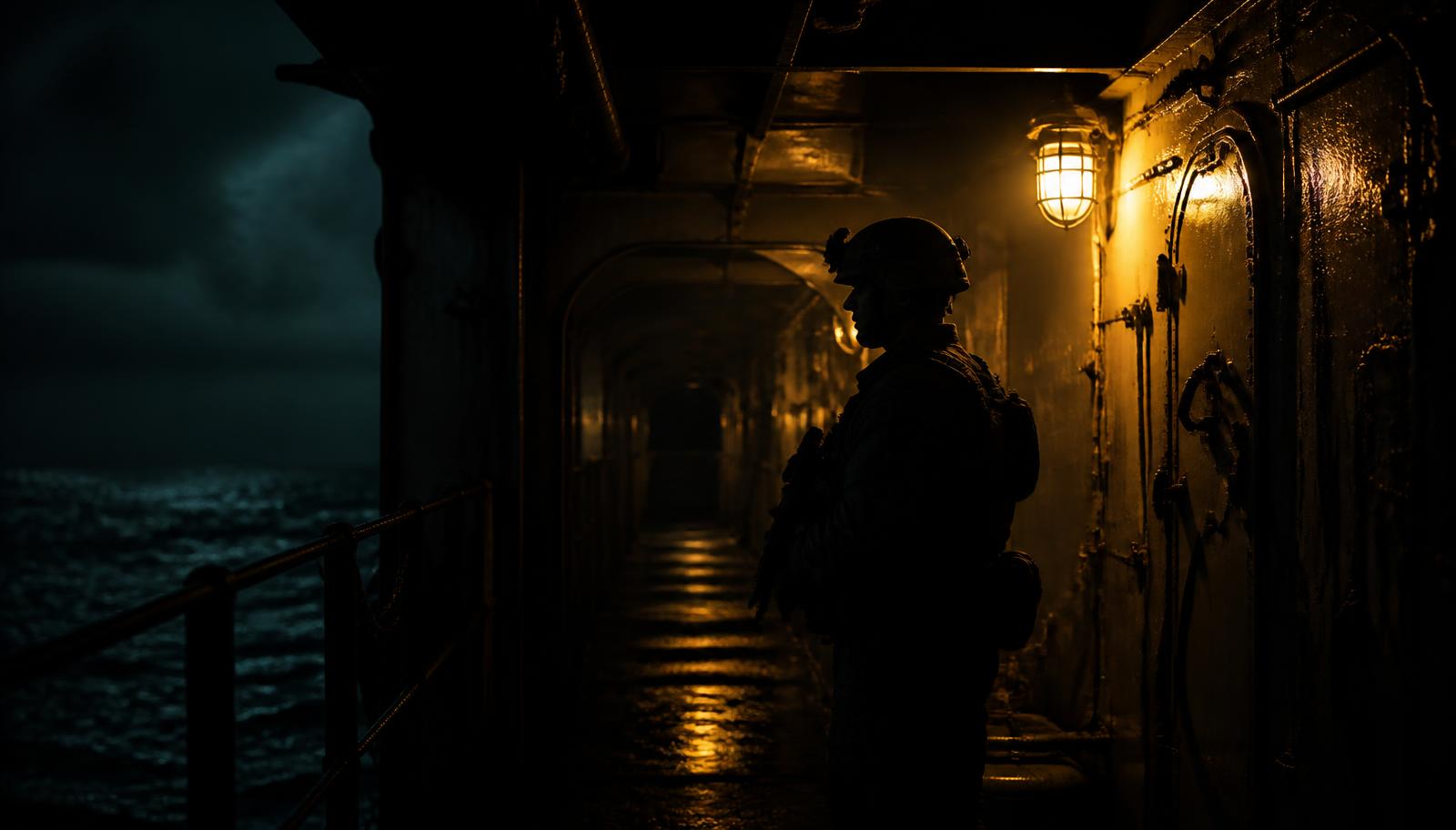 A Marine standing watch in a dim ship passageway at night