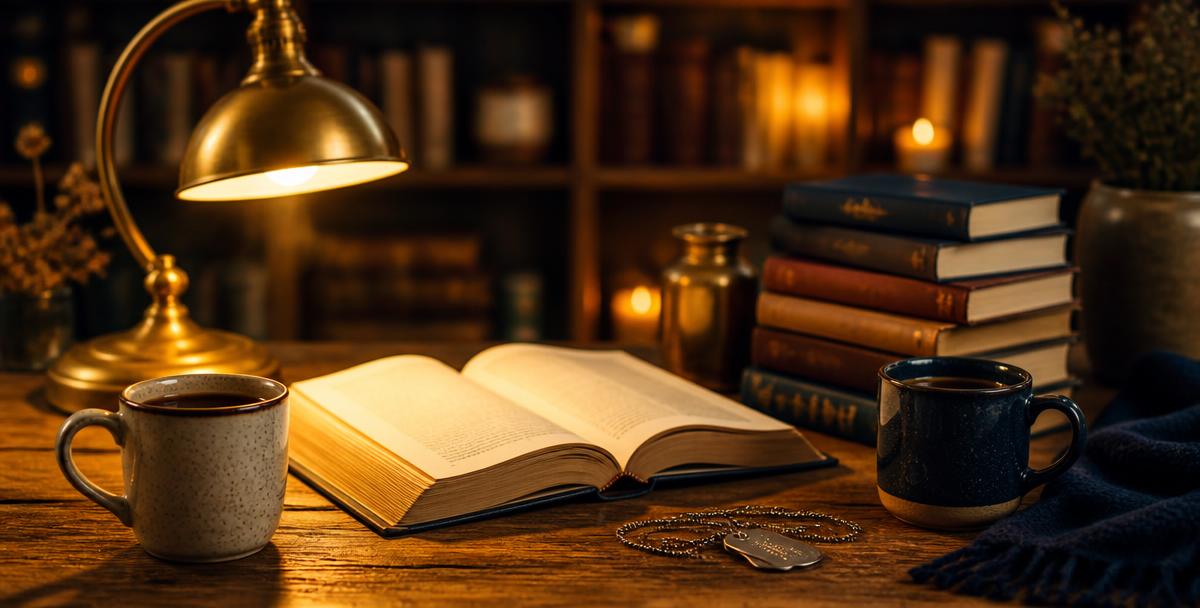 Two coffee cups, an open book, dog tags and a brass desk lamp on a wooden table
